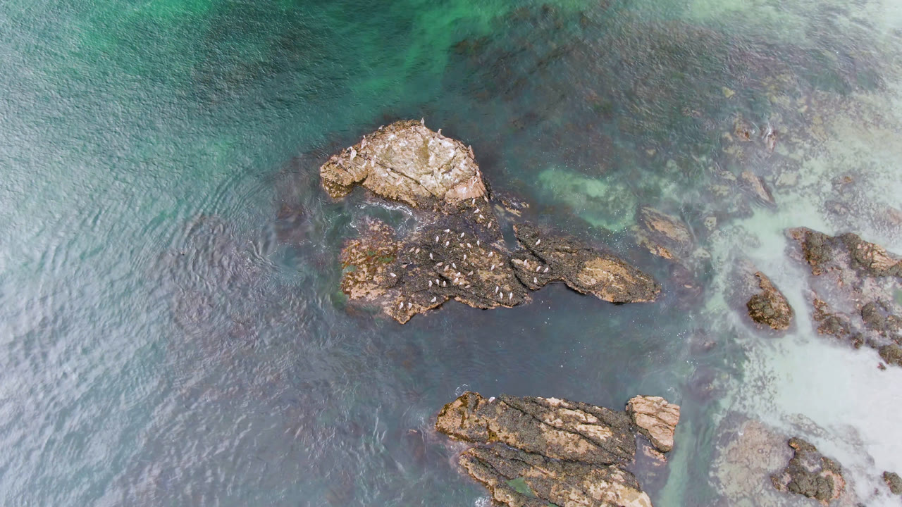 Overhead Bahia Ascuncion frame with jagged rocks surrounded by turquoise and dark water, with pale sand or foam at right and no visible people.
