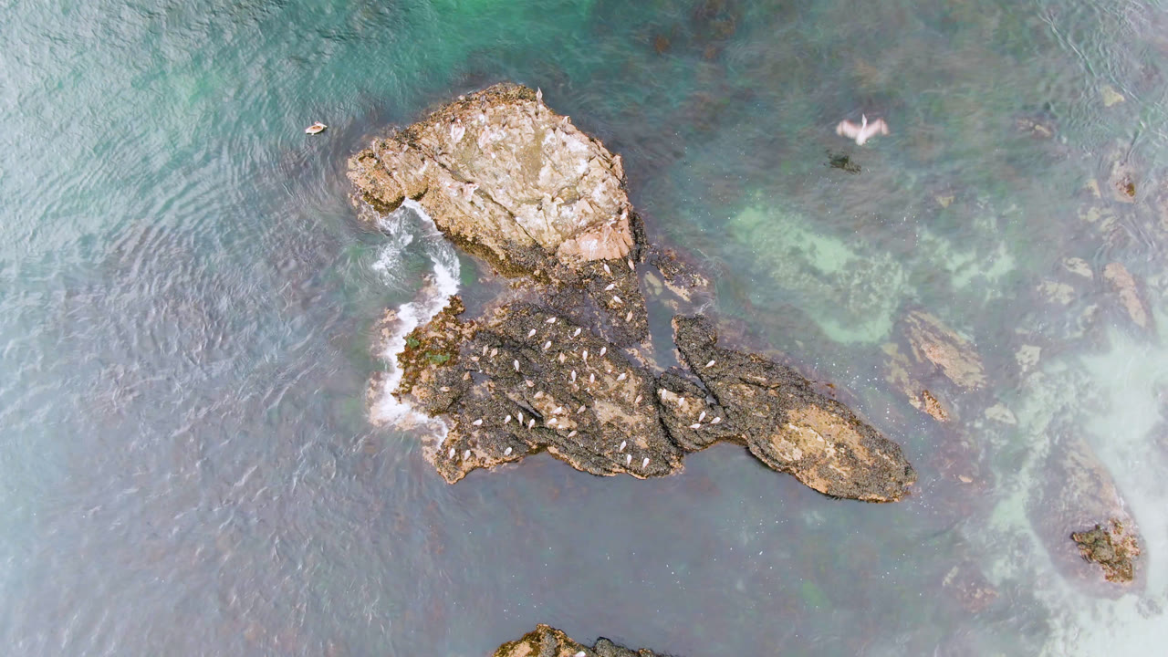 A top-down frame shows white foam beginning to curl against the main rock cluster in Bahia Ascuncion, with pale underwater patches and no visible people.