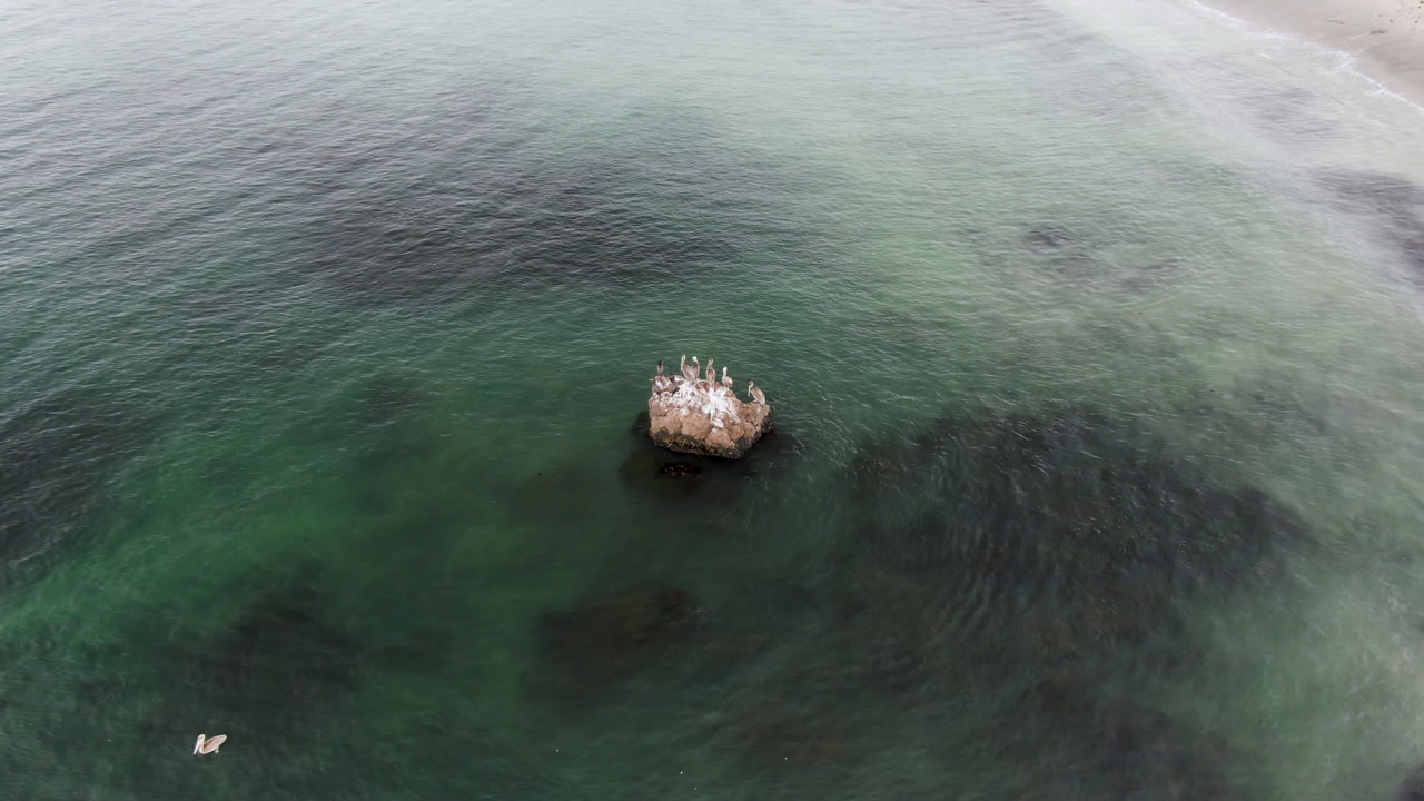 Aerial frame from Bahia Ascuncion showing the boat in the lower center-right area, a rocky outcrop above it, mottled green water, a pale surf band near the beach, and no visible people.