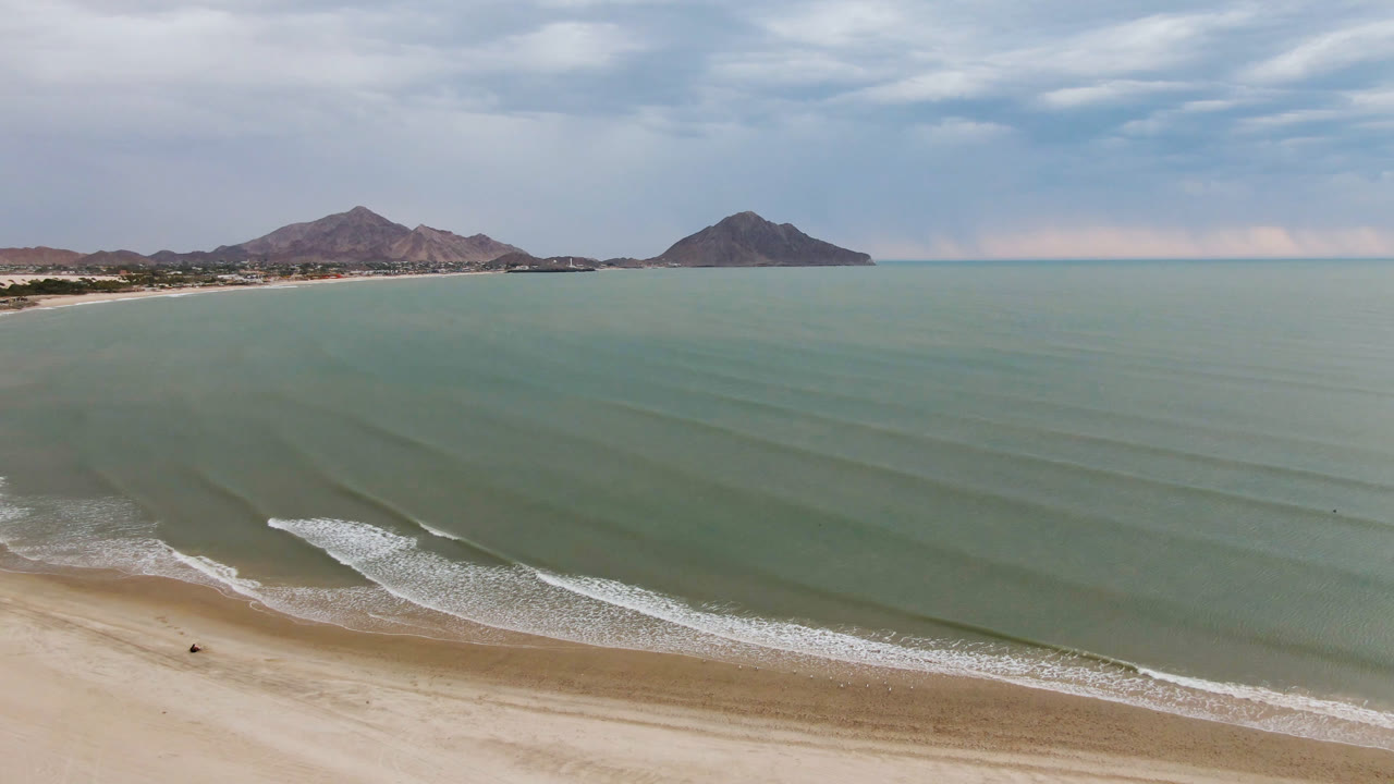 San Felipe aerial view with the surf band slightly farther along the lower edge, open water dominating the frame, rugged mountains in the distance, and no visible people.