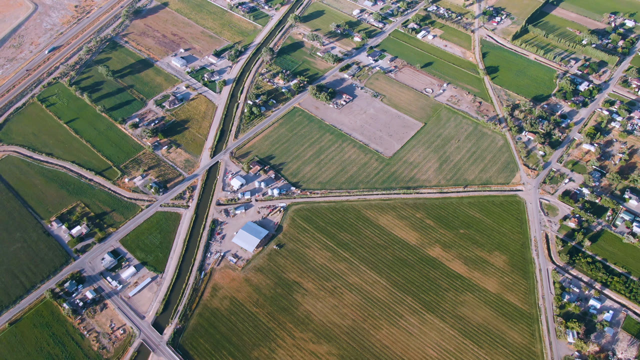 High overhead frame in Palisades, Colorado with green and tan fields, diagonal road crossings, clustered rural buildings, tree cover, and no visible people.