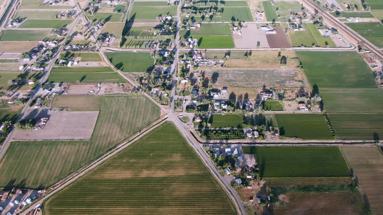 Overhead aerial frame of Palisades, Colorado with broad green fields in the lower half, a road junction near the center, clustered buildings, trees, and no visible people.