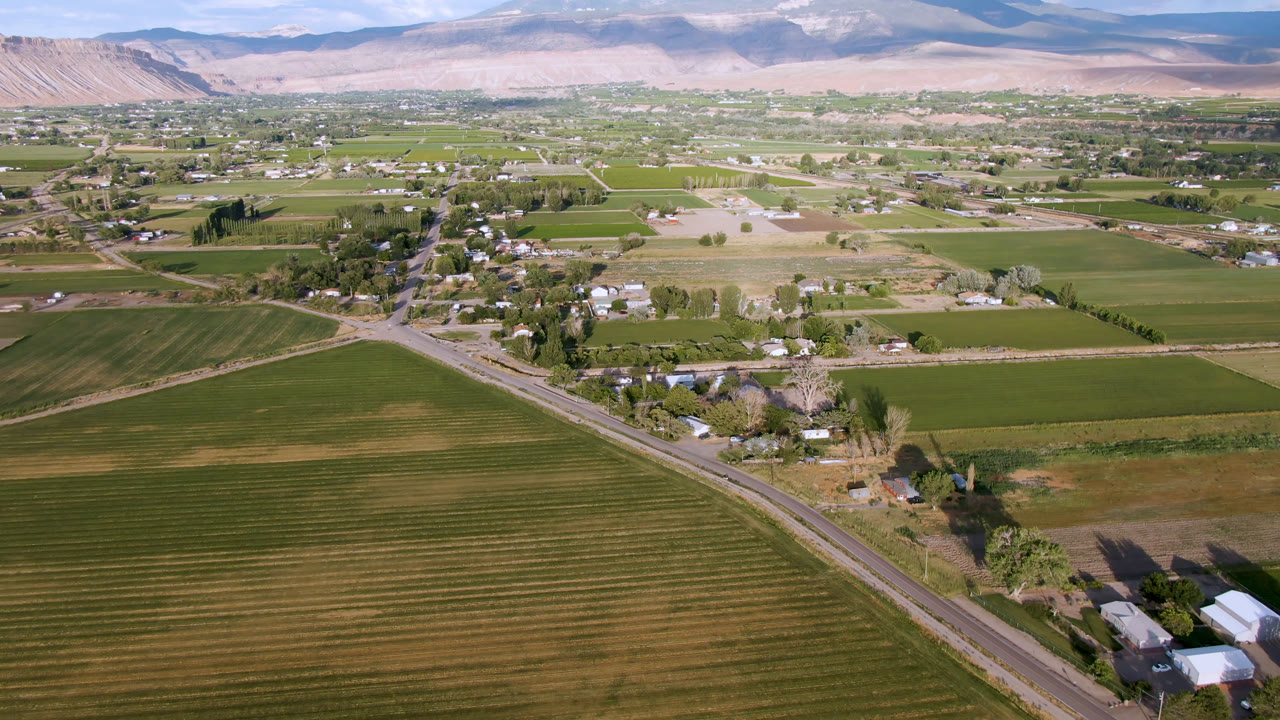 Aerial view over Palisades, Colorado with green farm fields in front, a diagonal rural road, scattered buildings among trees, distant mountains, and no visible people.