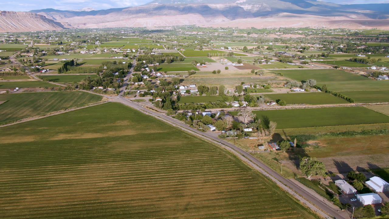 Wide Palisades, Colorado aerial frame with rows of green and tan fields, a road crossing the lower scene, homes and farm buildings near trees, and no visible people.