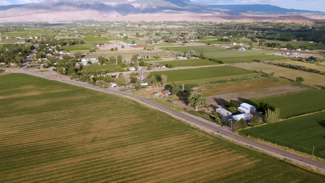 One second into the clip, the aerial view over Palisades, Colorado holds on a broad patchwork of fields, roadside trees, small rural buildings, distant mountains, and no visible people.