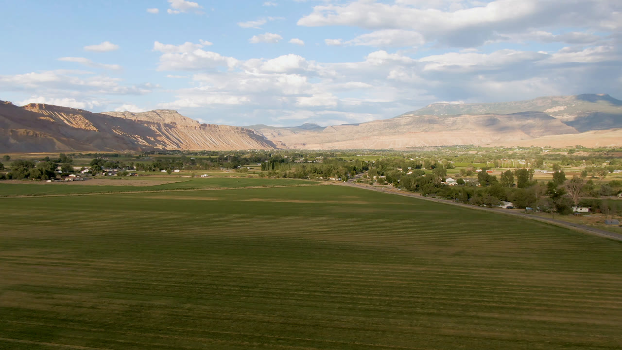 Wide aerial view over green fields, trees, road, and distant mountains.