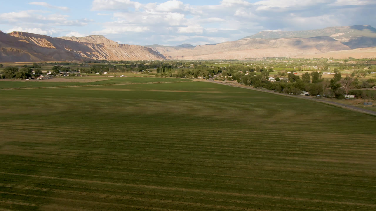 Aerial view in Palisades, Colorado with a broad green field in the foreground, small homes and trees near a road, distant dry mountains, and no visible people.