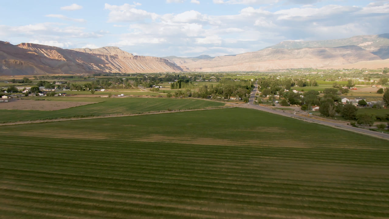 Aerial view of green fields, a road, scattered homes, and distant tan mountains.