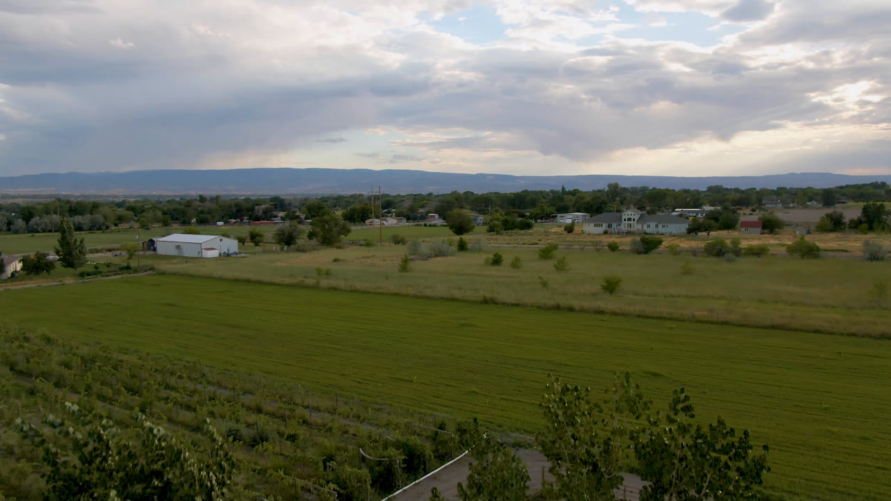 Elevated view across a green field in Palisades, Colorado, with low buildings and trees along the horizon under dense gray clouds, with no visible people.