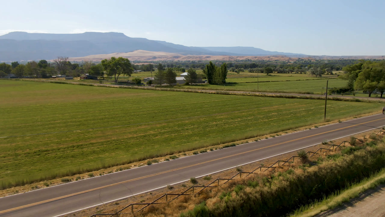 Wide rural field with road, trees, and distant mountains