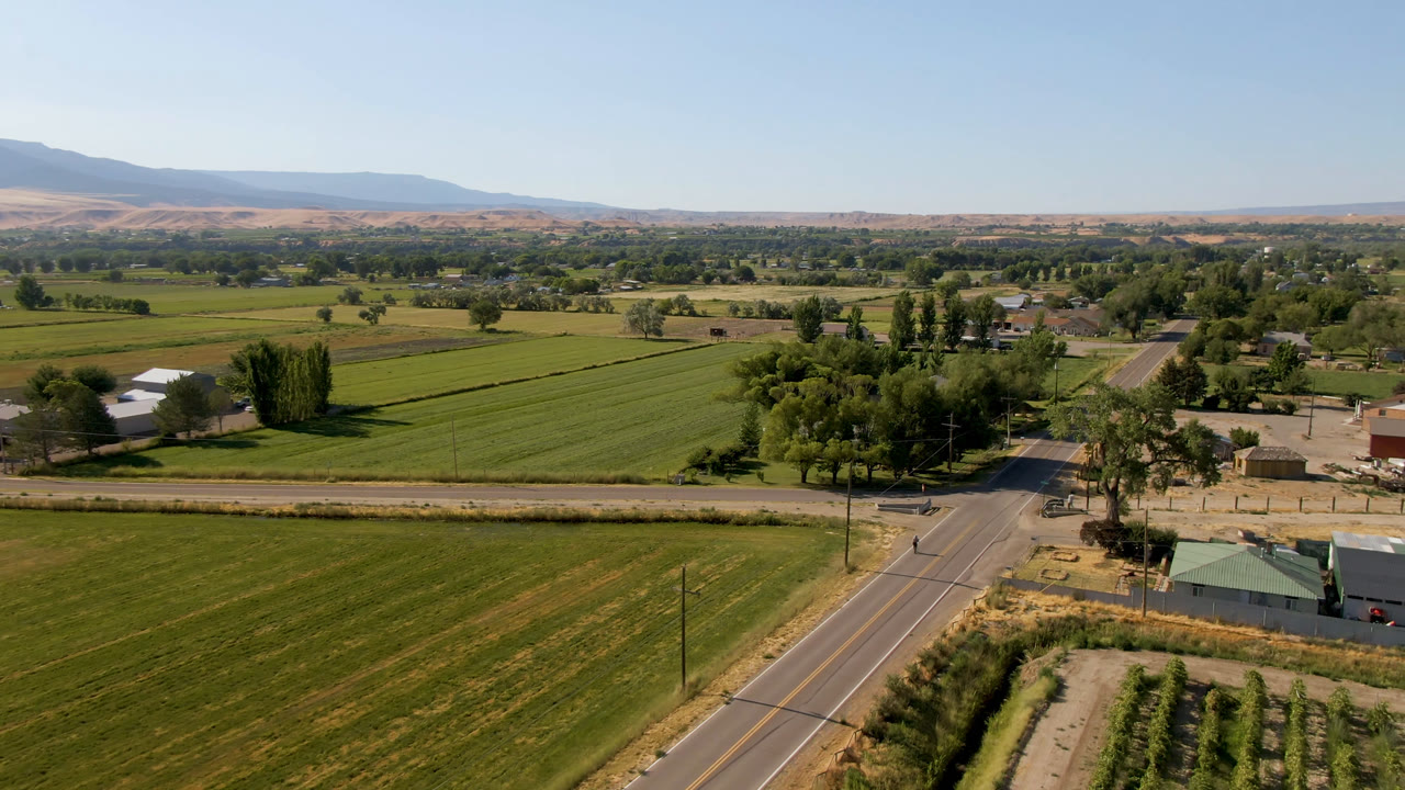 Aerial view of green fields, a road, farm buildings, trees, and distant hills.