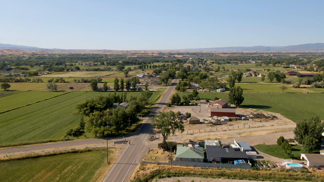 Aerial view in Palisades, Colorado with the road nearer center, green field rows on both sides, scattered homes or farm buildings, parked vehicles, and no visible people.
