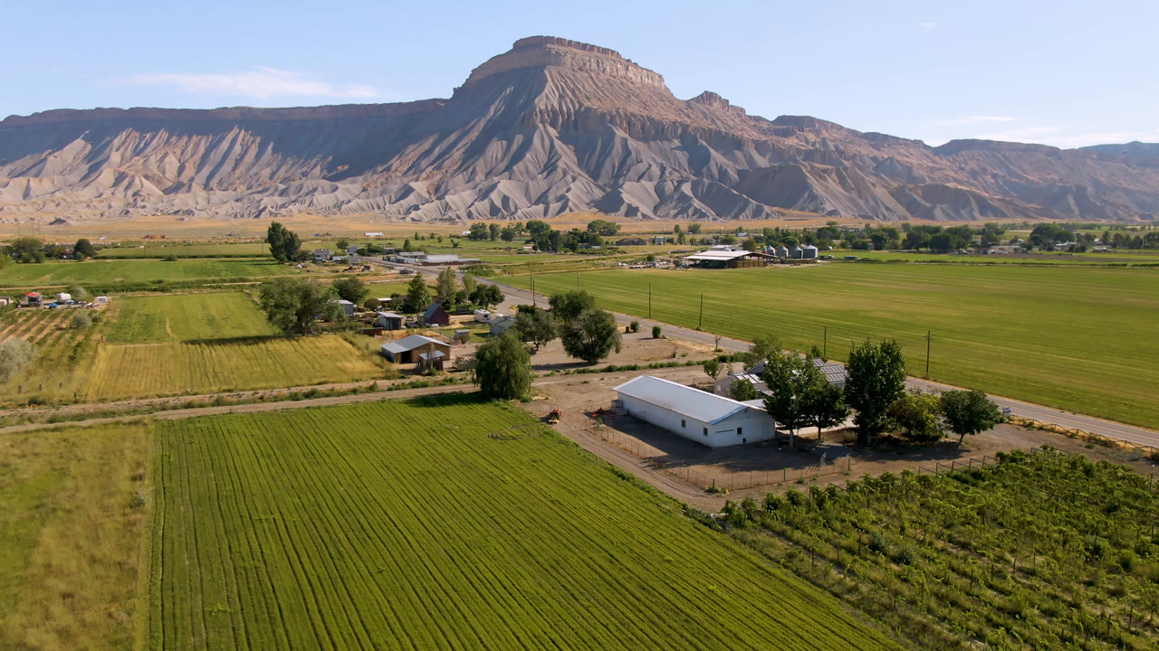 Opening aerial frame over Palisades, Colorado farmland with green crop rows, a white farm building, scattered trees, dirt roads, a tan mountain ridge, clear sky, and no visible people.