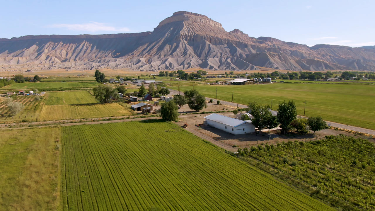 Aerial farm landscape with green fields, a white building, trees, roads, and mountains.