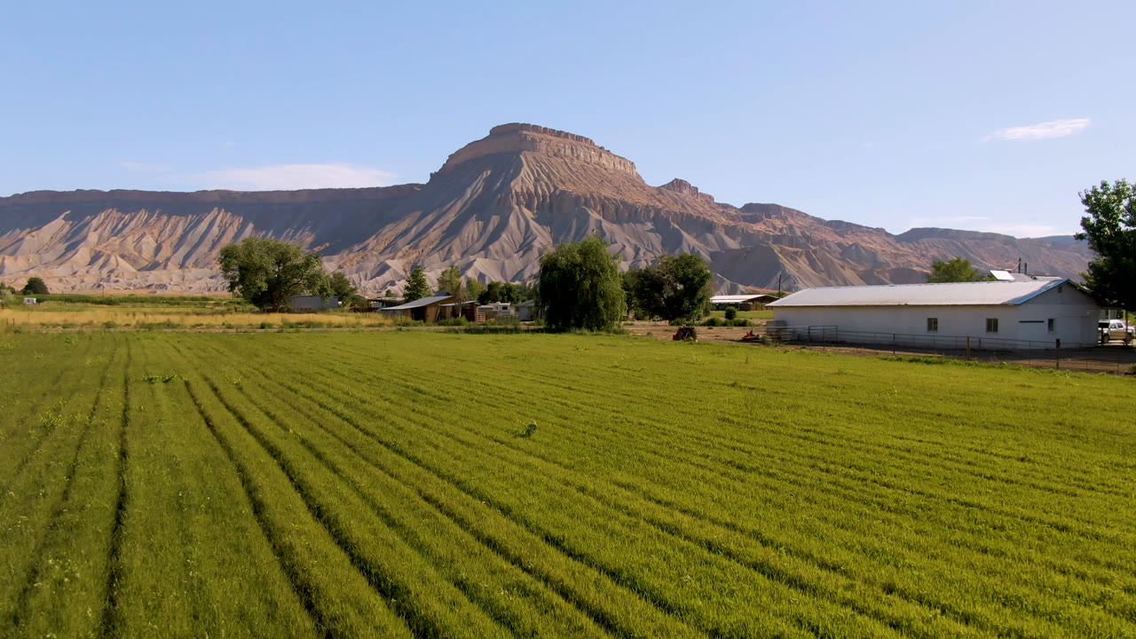 At 0:01 in Palisades, Colorado, the wide field remains foregrounded with trees and white rural buildings at the base of the mountain, with no visible people.