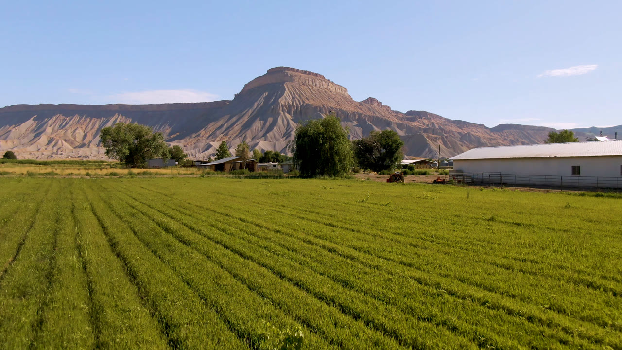 Green field rows with farm buildings and a flat-topped mountain in the background.