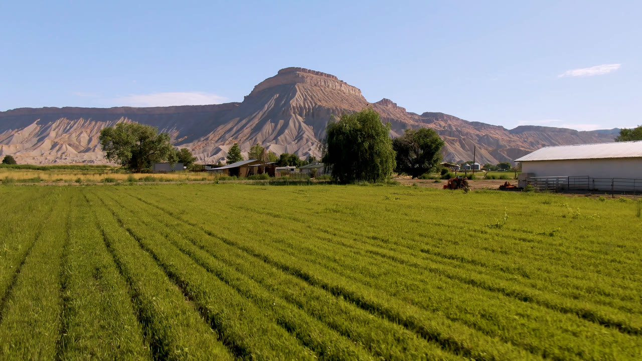 At one second, the Palisades, Colorado view shows the field rows centered below a broad mountain ridge, with trees and a white-roofed farm structure, and no visible people.