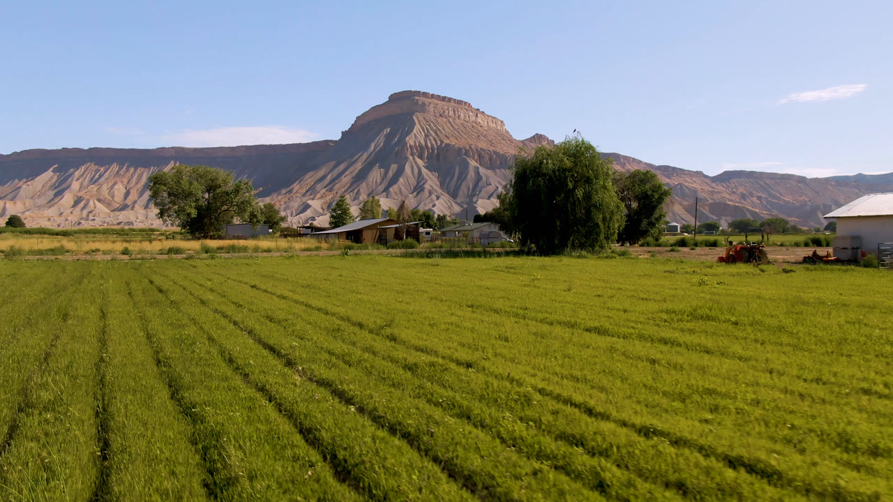 Wide green farm field with mesas and a small red tractor