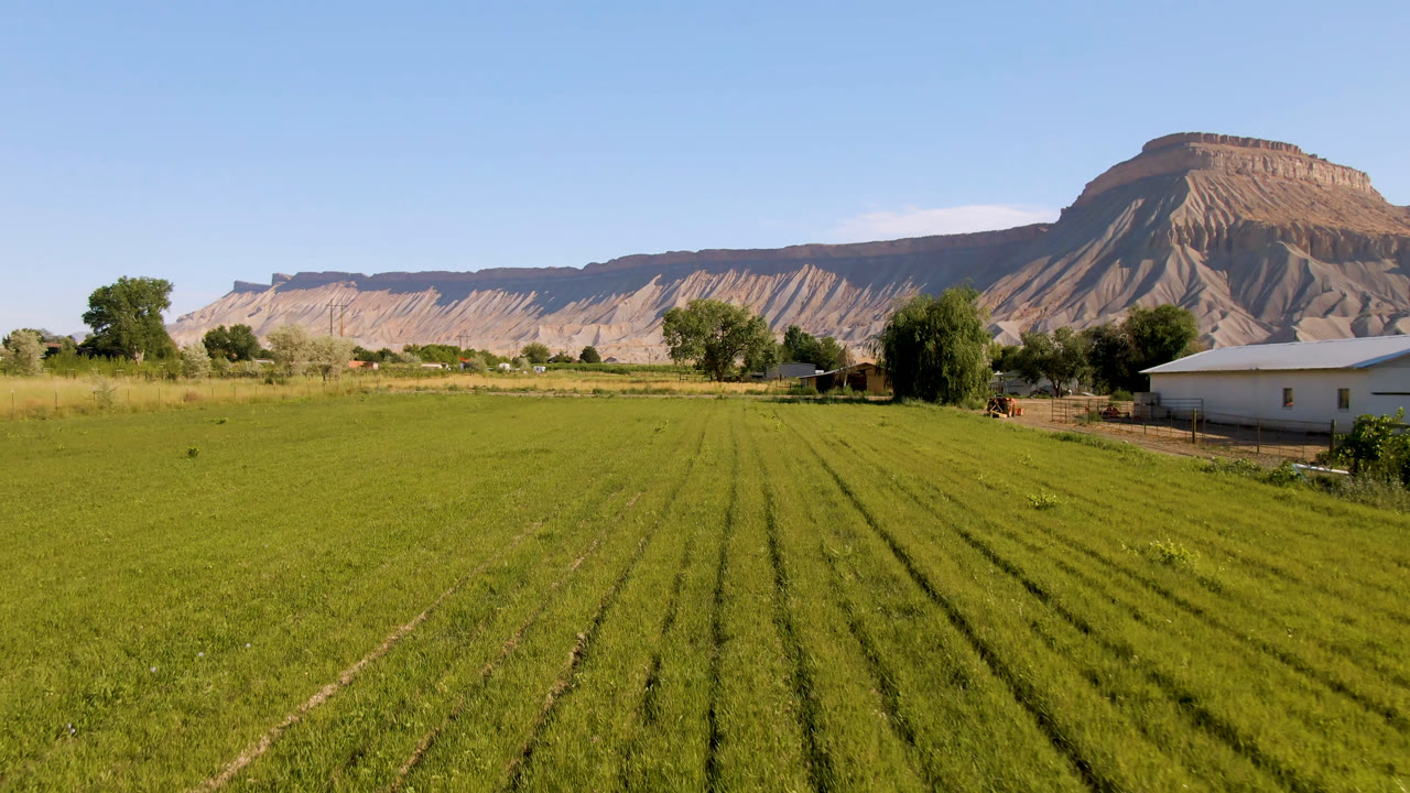 Wide Palisades, Colorado landscape with a green field spreading across the foreground, a low house on the right edge, tree clusters near the center, layered tan mountains, and no visible people.