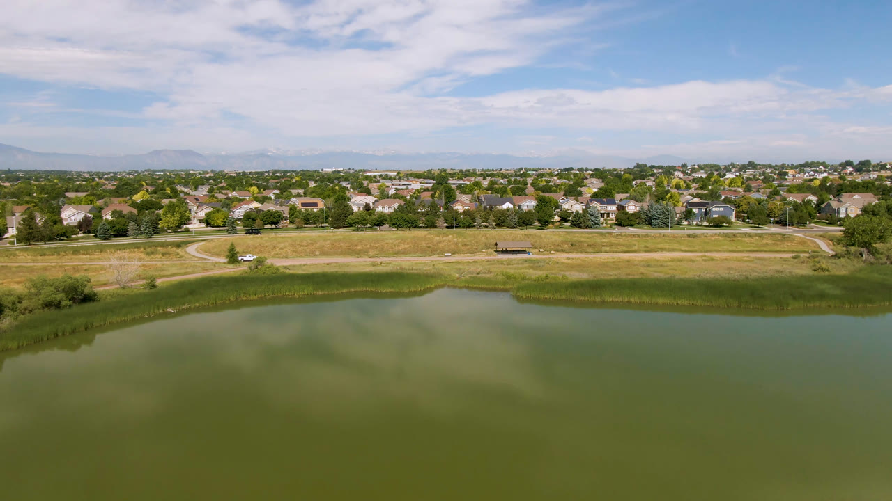 Broomfield, Colorado aerial frame with the lake occupying the foreground, reed beds along the far bank, a pale road curving through dry grass, suburban houses behind it, and no visible people.