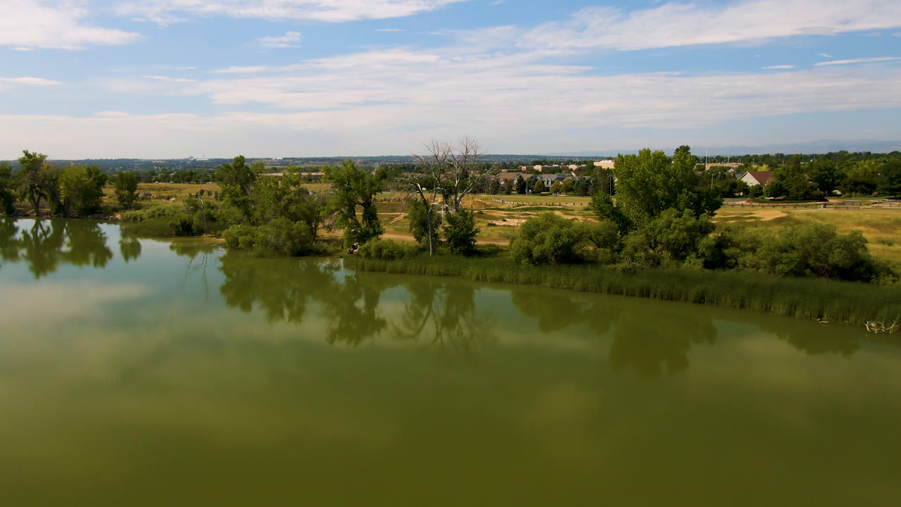 Broomfield, Colorado aerial view with pond water across the foreground, reeds on the bank, clustered trees, open grass, distant roads and buildings, and no visible people.