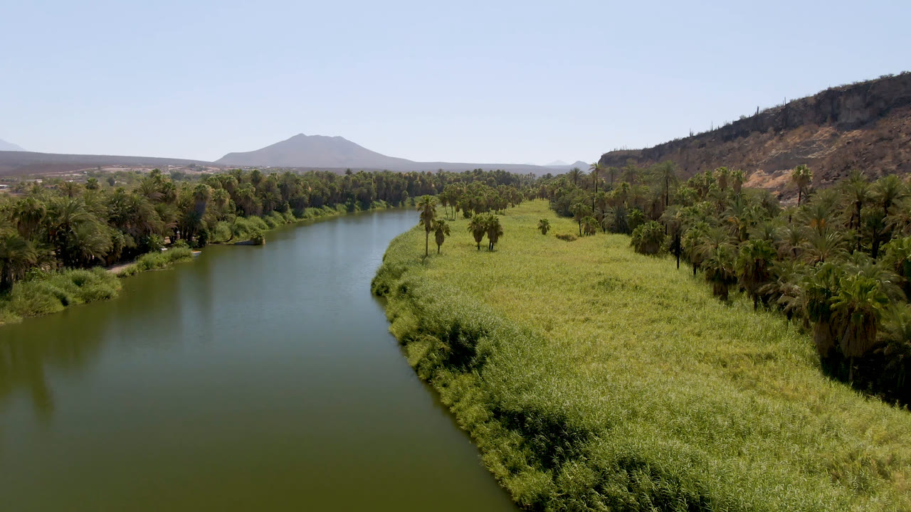 A second aerial view shows the green river curving past a grassy peninsula, with palm clusters, a dry slope to the right, distant mountains, and no visible people.