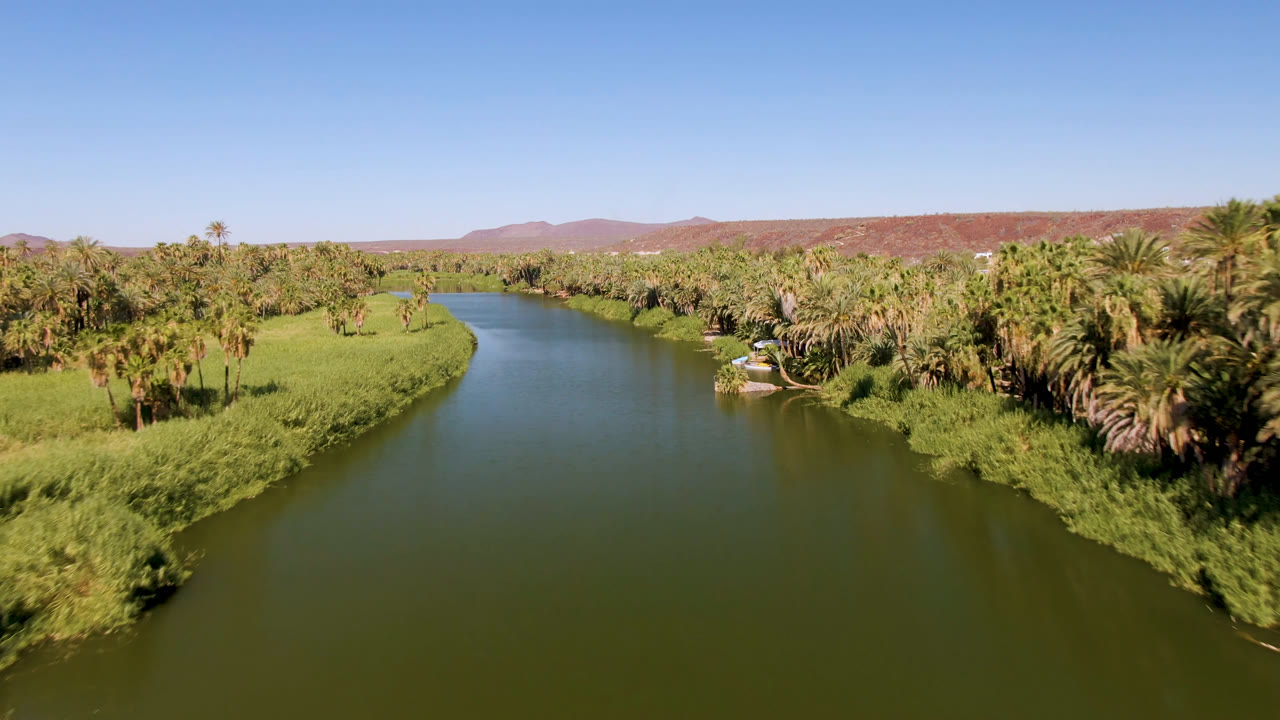 Aerial landscape with river water in front, palms along the bank, and desert hills beyond.