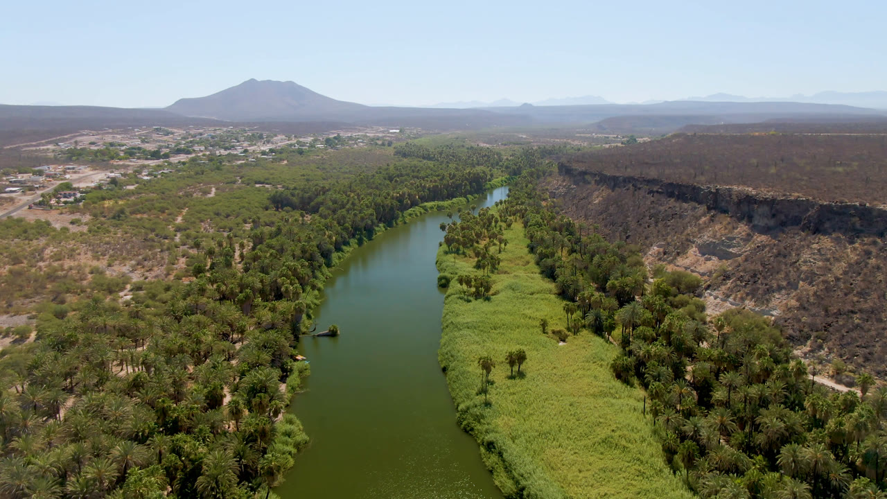 Aerial view of a green river beside palms and desert hills