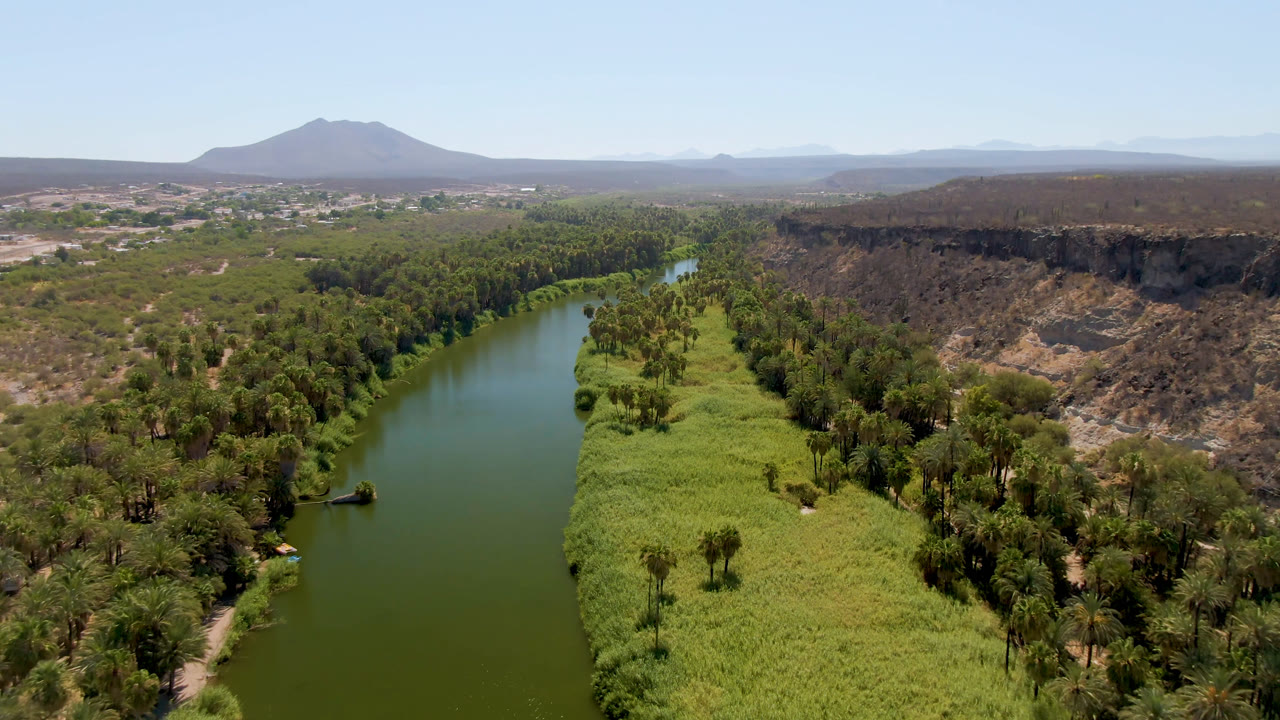 Second aerial frame in San Ignacio, Baja California Sur, Mexico, with the river centered between dense palms and reeds, dry hills and a small settlement beyond, a broad mountain on the horizon, and no visible people.