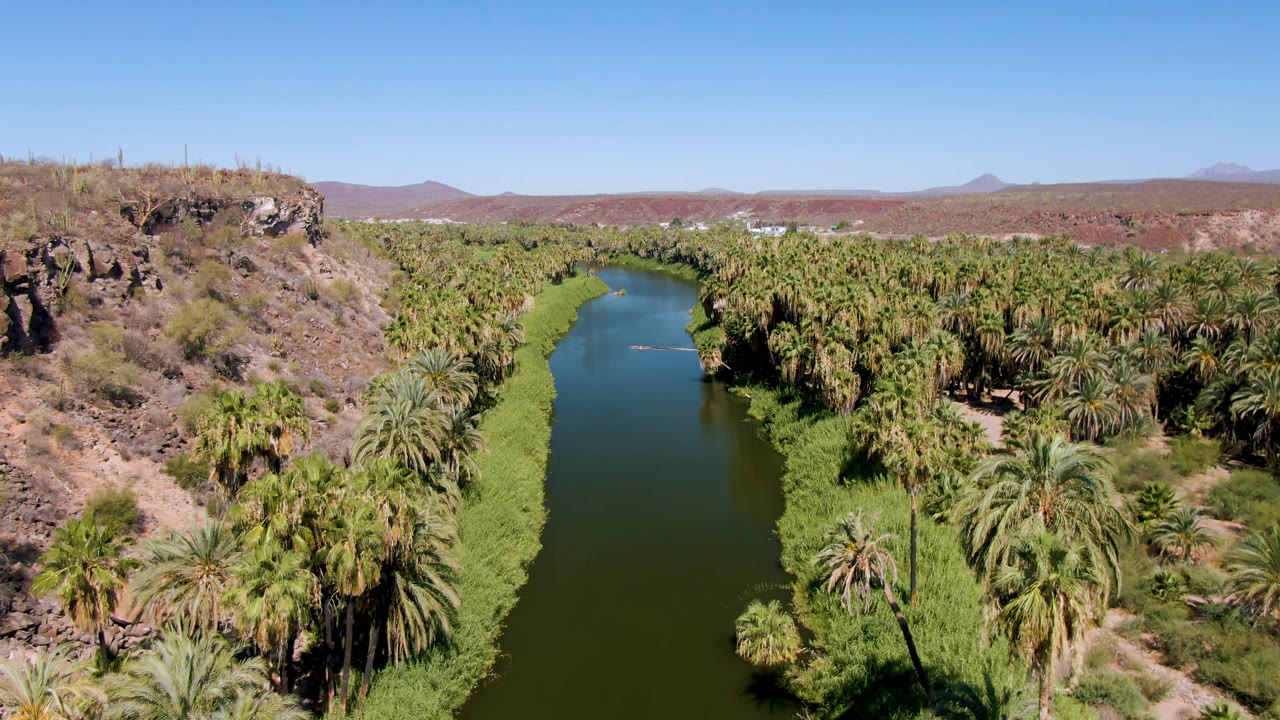 Aerial view over a green river in San Ignacio, Baja California Sur, with palms on both banks, rocky desert slopes, distant mountains, blue sky, and no visible people.