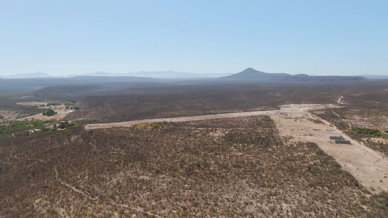 High aerial view over San Ignacio, Baja California Sur, with a pale dirt road cutting through desert scrub, distant mountains on the horizon, and no visible people.