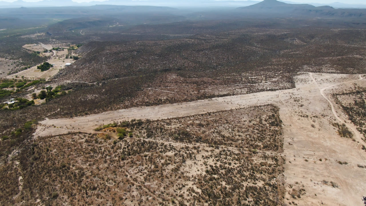 Wide aerial over San Ignacio desert terrain with a light dirt road running across sandy scrubland, darker hills behind it, and a small green area near the upper left, no visible people.
