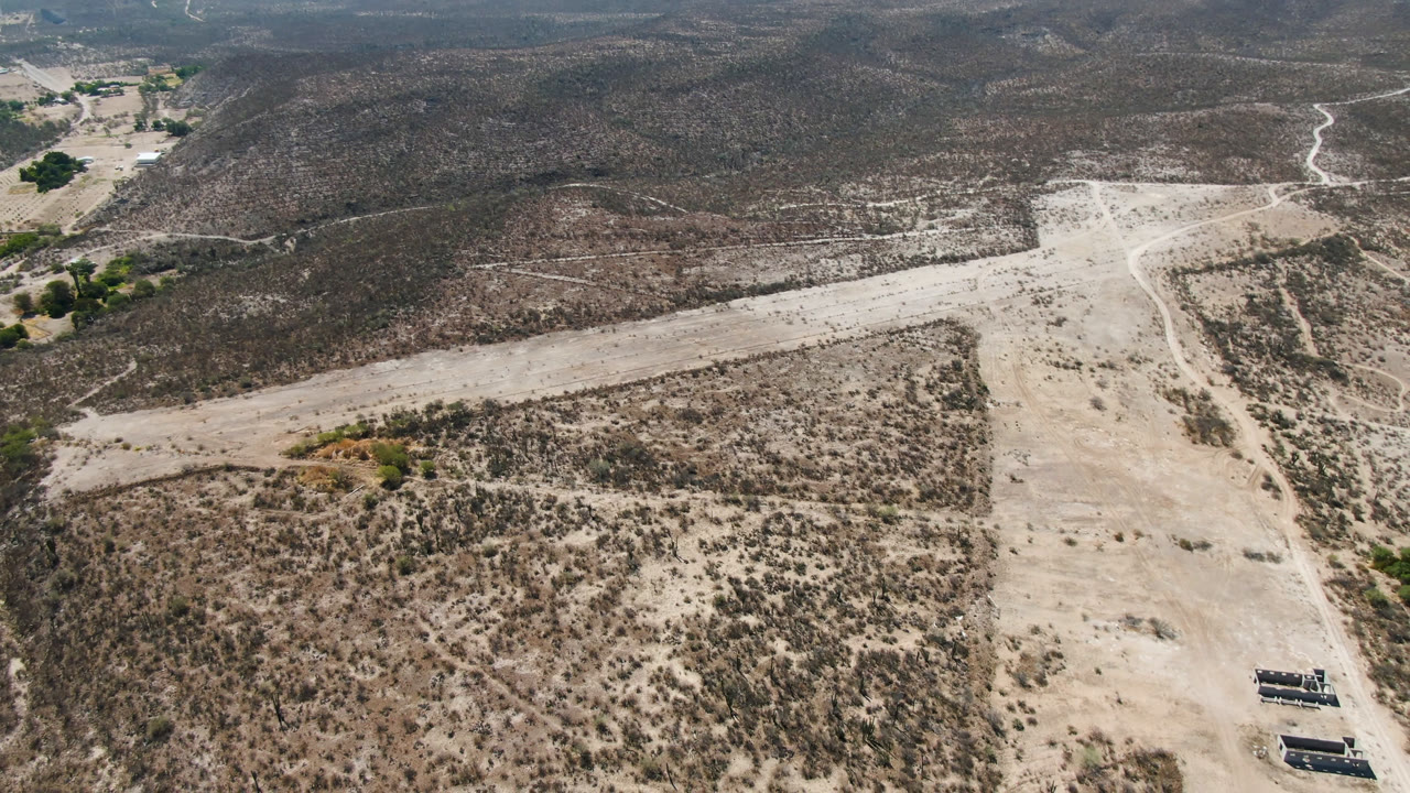 Aerial view in San Ignacio, Baja California Sur, where a broad pale dirt track intersects smaller desert paths across scrub-covered ground, with no visible people.