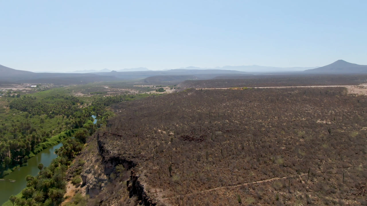 A high aerial view in San Ignacio, Baja California Sur, with river water partly visible below palms, a broad dark mesa-like plateau in the middle distance, hazy mountains, blue sky, and no visible people.