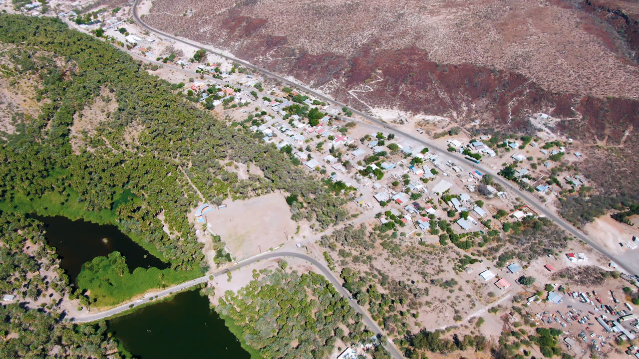 Aerial frame over San Ignacio, Baja California Sur, showing dark water at lower left, palms, a diagonal road, small homes, dry reddish ground, and no visible people.