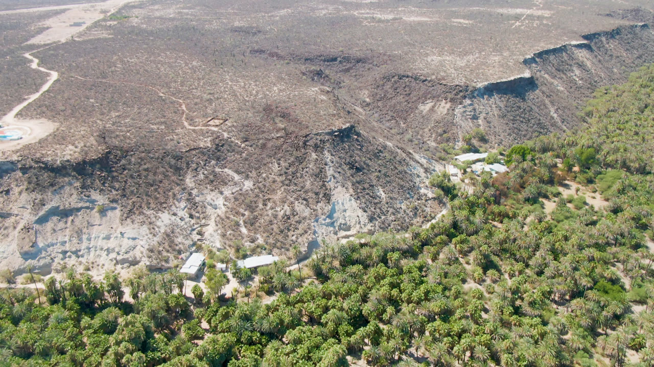 Aerial frame from San Ignacio showing green palms across the lower half, a winding pale road near the hills, scattered small buildings, eroded desert slopes, and no visible people.