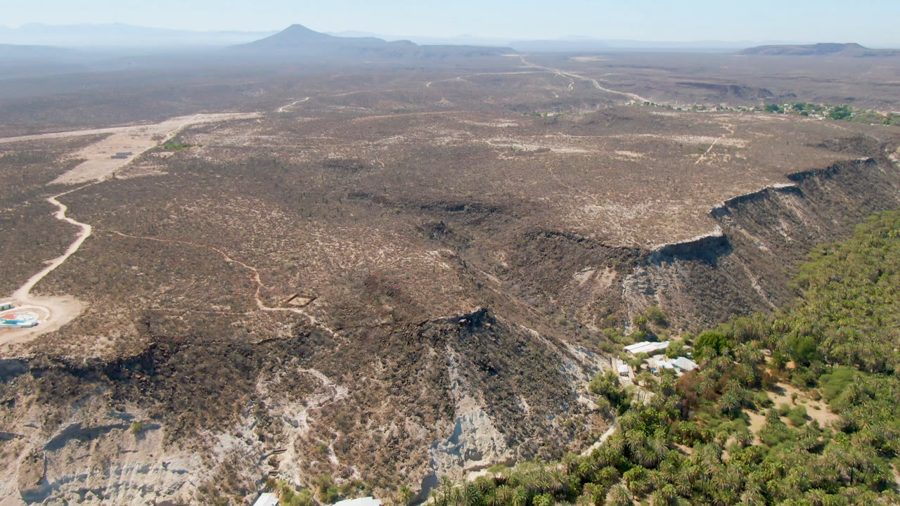 High aerial frame in San Ignacio, Baja California Sur, showing eroded desert ridges above a band of palms and trees, a pale dirt road loop, small buildings, and no visible people.