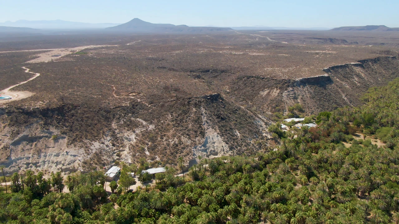 High aerial view of desert ridges, palm trees, small roofs, and distant mesas.