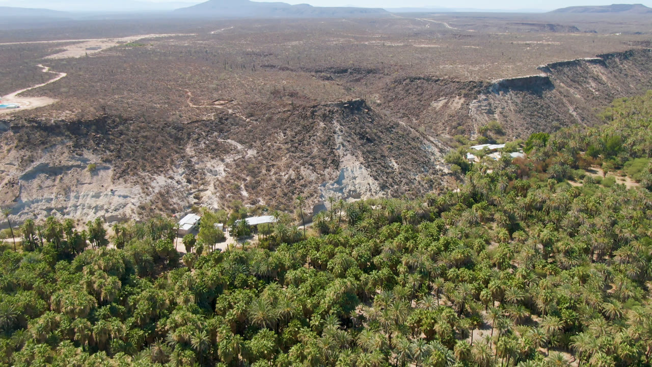 At 0:01, the San Ignacio aerial frame holds more of the dry ridge line across the center, with green palms below, pale road tracks beyond, distant mesas, and no visible people.