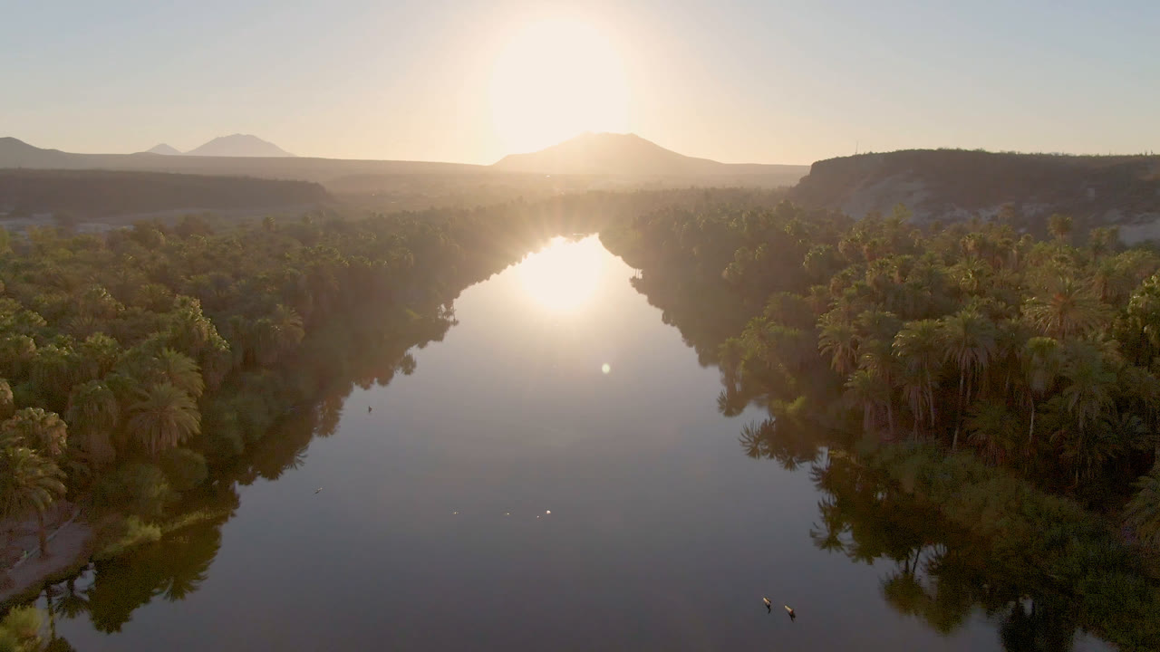 Aerial view in San Ignacio, Baja California Sur, with a reflective river centered between palm-lined banks, the low sun above the horizon, distant ridges, and no visible people.