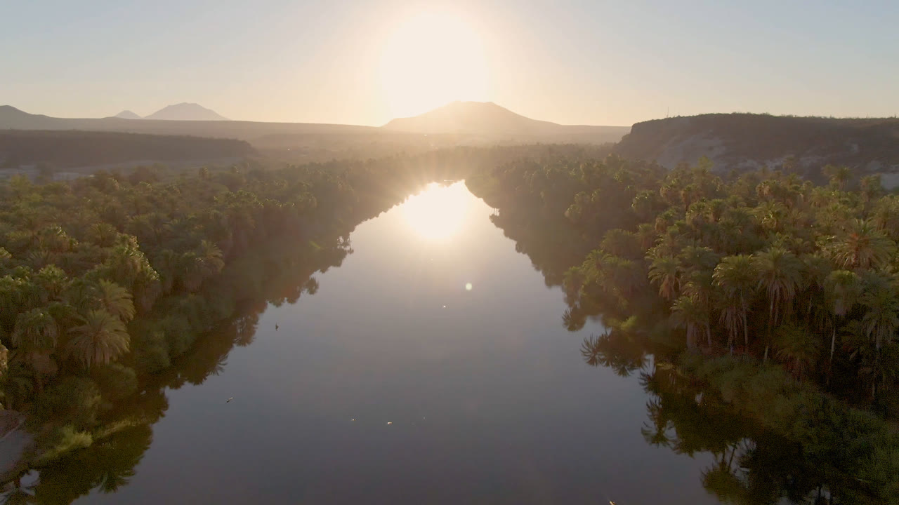 Wide aerial river scene with sunset glare, palm trees, and a dark ridge line.
