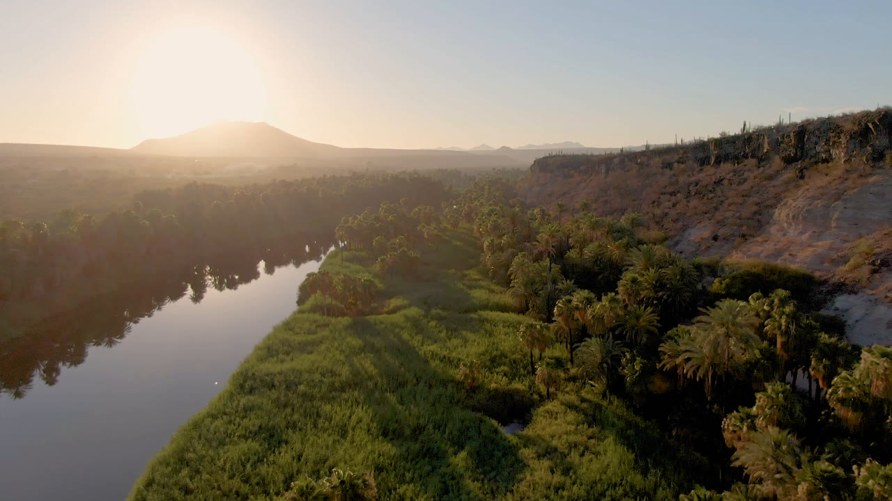 Aerial frame over the San Ignacio river corridor with reflective water on the left, green reeds and palms below, a dry bluff to the right, a distant mountain, and no visible people.