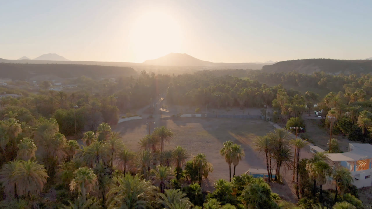 San Ignacio aerial view showing a white low building among palm trees, a broad dry field, hazy mountain backdrop, low sun, and no visible people.