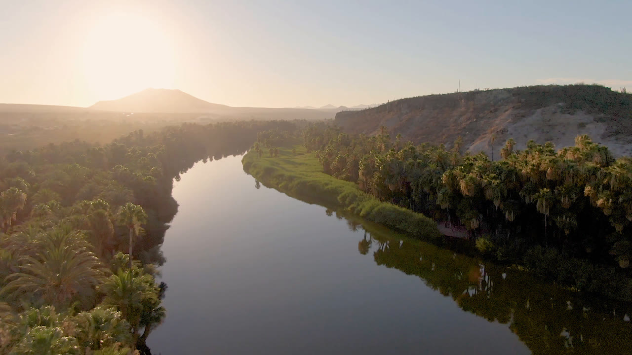 San Ignacio aerial view with the river centered, palms lining the water, a sunlit mountain on the horizon, a dry ridge at right, and no visible people.