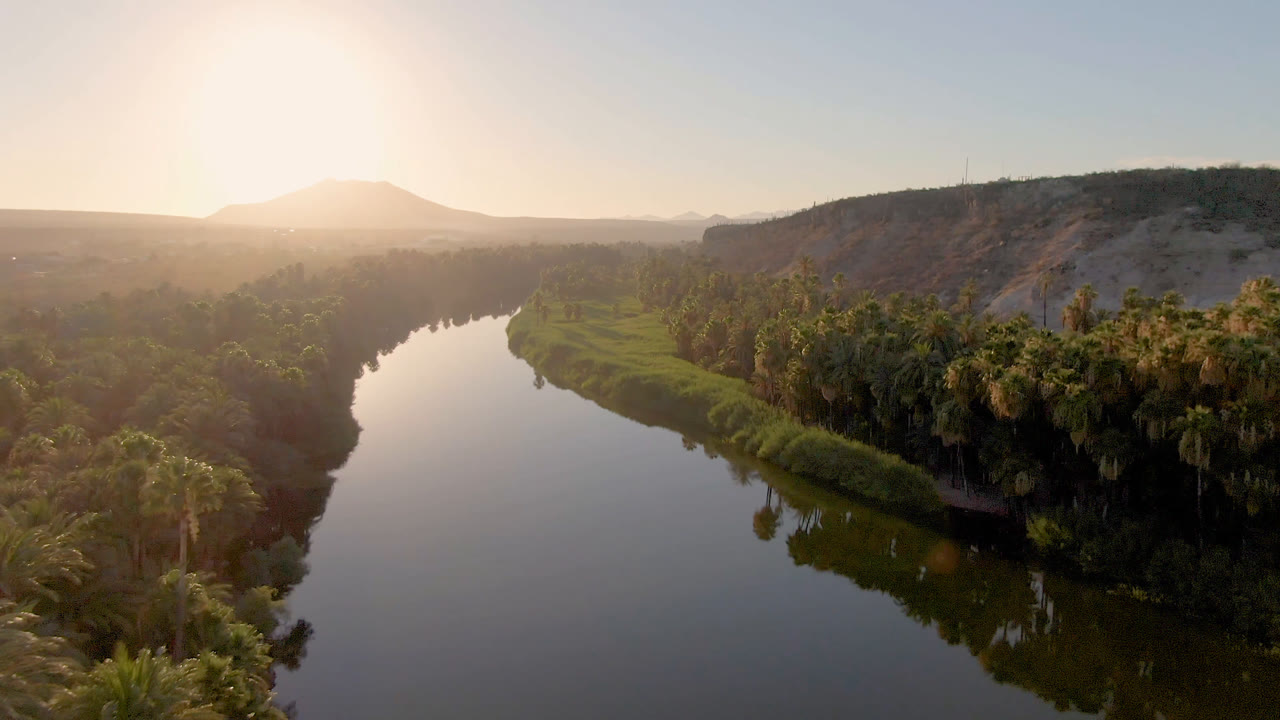 Wide aerial river landscape with palm groves, green banks, dry hillside, and bright sun haze.