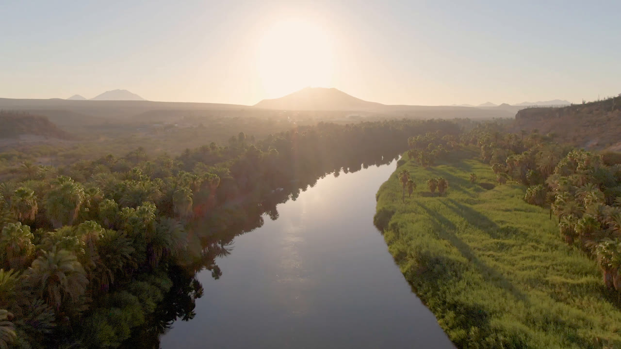 At 0:01, the San Ignacio river reflects the pale sky while green banks and clustered palms fill the midground, with the mountain horizon softened by sun glare and no visible people.