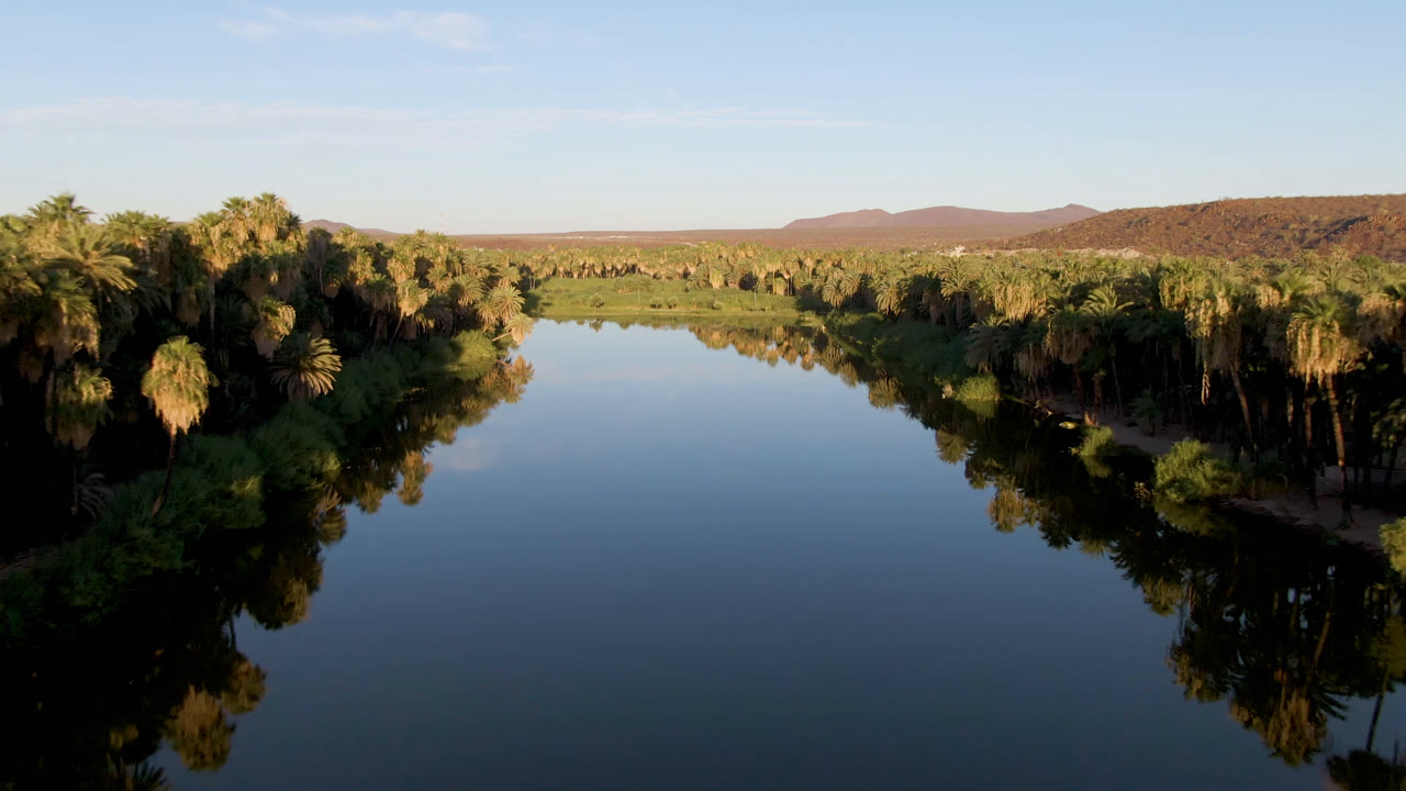Wide aerial view of a calm river or lagoon in San Ignacio, Baja California Sur, with palm-lined banks, distant low hills, blue sky, and no visible people.