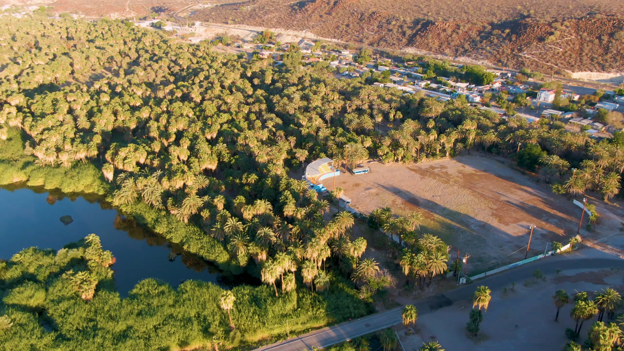 Aerial view in San Ignacio, Baja California Sur, Mexico, with lake water at the lower left, palms around the shore, a pale dirt lot, a road, distant structures, brown hills, and no visible people.