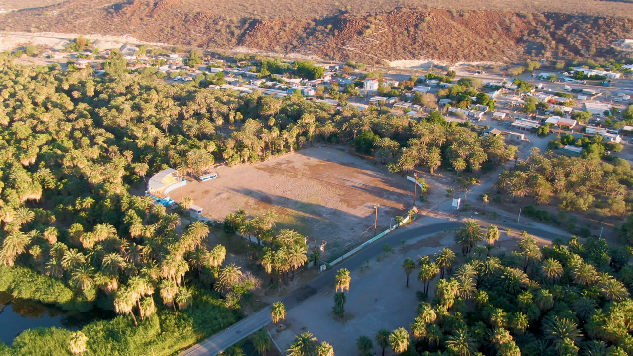 Aerial view across San Ignacio with palms and shrubs in the lower frame, an empty road curving near a dry field, low town buildings behind it, and rocky hills in the distance, with no visible people.
