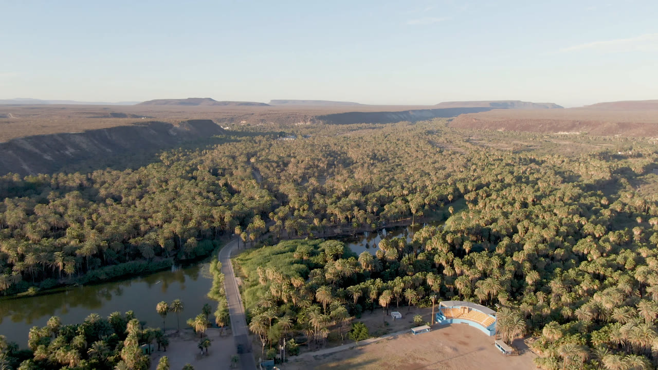 Wide drone view of a wooded river corridor with road and desert plateau horizon.